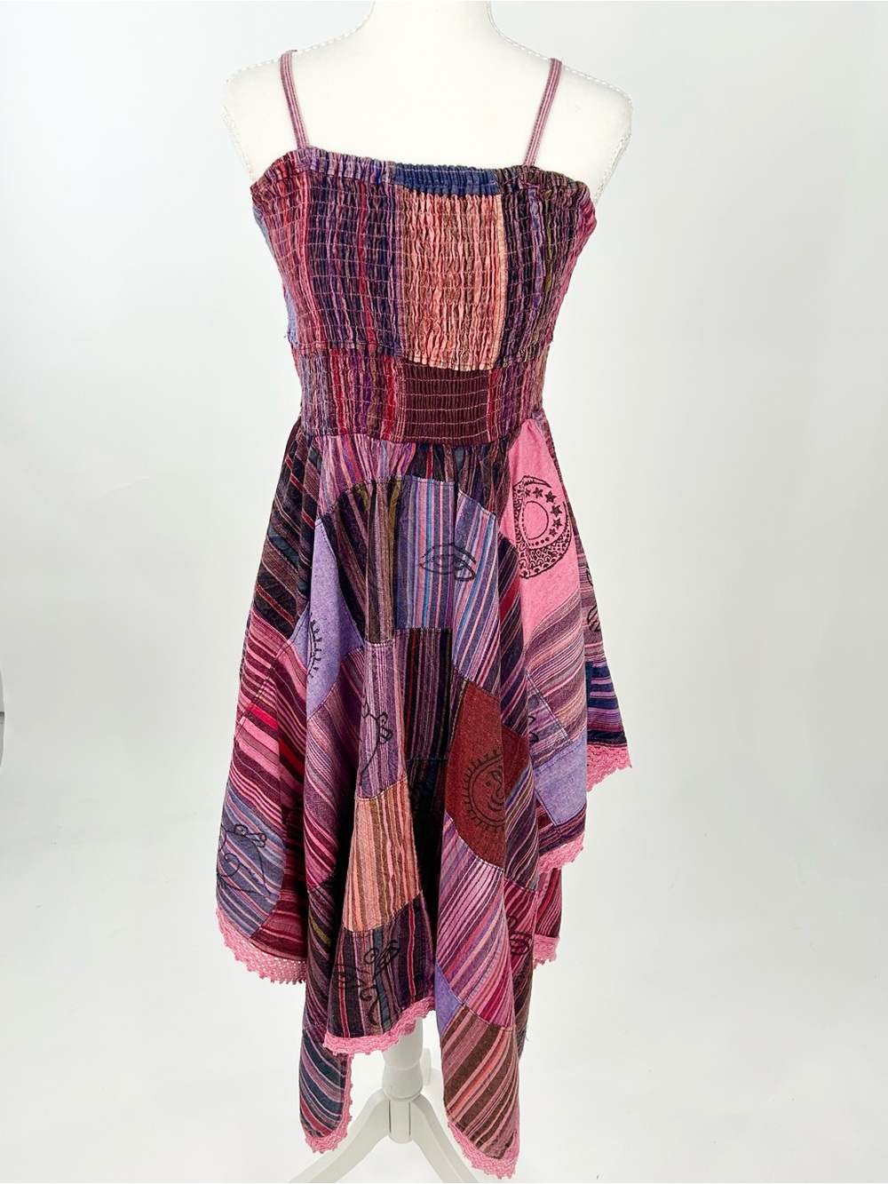 Ananta Patchwork Smocked Handkerchief Hem Boho Dress One Size